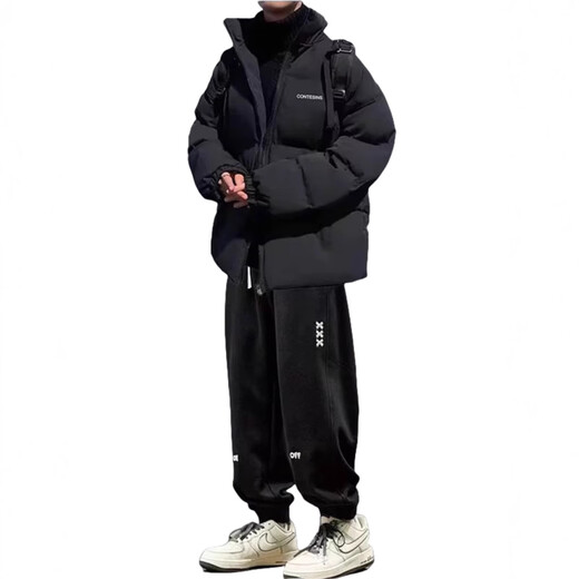 Star Reaching Boys Winter Cotton Warm Jacket Casual Boys Loose Trendy Cotton Jacket Paired with Velvet Pants Handsome Cotton Jacket Set 3-piece Cotton Jacket Black + Velvet Sweatshirt Black + Velvet Pants Black XL