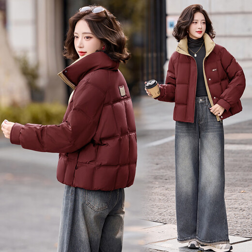 LISM shopping mall same style high-end down jacket temperament short down jacket women's fashion stand-up collar stitching contrasting color thickened security red S recommended 90-110Jin Jin equals 0.5 kg b