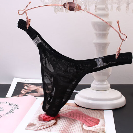 Men's thong sexy transparent solid color seamless removable movable buckle temptation sexy lace t-pants black one size