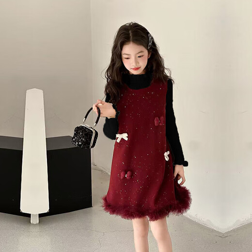 G.duck Little Yellow Duck Girls' Autumn and Winter Plush Woolen Dress Children's Birthday Dress Little Girl's Fashionable Thickened Skirt Black Suit Two-piece Set 160 CM