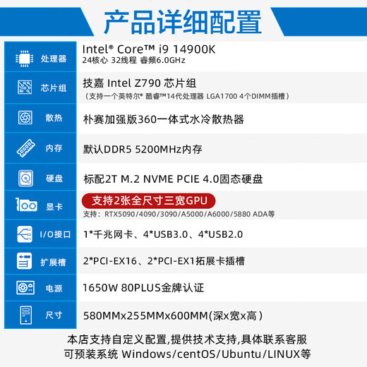 Parksai i9 14900K deep learning workstation DeepSeek deploys dual card 4090/5090 host GPU server video editing Ai simulation training tower workstation barebones without graphics card 14900k 256G DDR5 memory/2T solid state