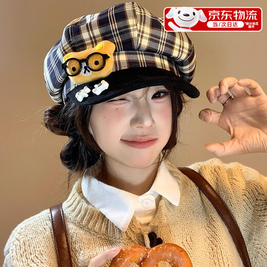 JIOESC японские милые очки, шляпа художника в клетку с медведем, восьмиугольный берет, женский осенне-зимний берет с большой окружностью головы, показывающий лицо, маленький берет в клетку с медведем в стиле ретро