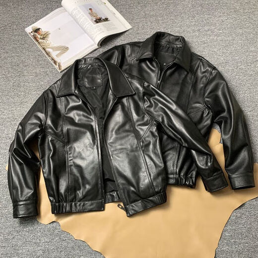 Hong Kong Style Genuine Leather Jacket 90s New Top Layer Calfskin Jacket Retro Loose Lapel Jacket for Men and Women Obsidian Black - Calfskin without Cotton XL XL recommended 150-170Jin Jin equals 0.5kg