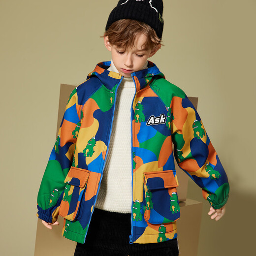 ASK JUNIOR Boys' Jacket 2025 Winter Children's Cartoon Print Fashion Thin Velvet Hooded Jacket Mountaineering Jacket Camouflage 150