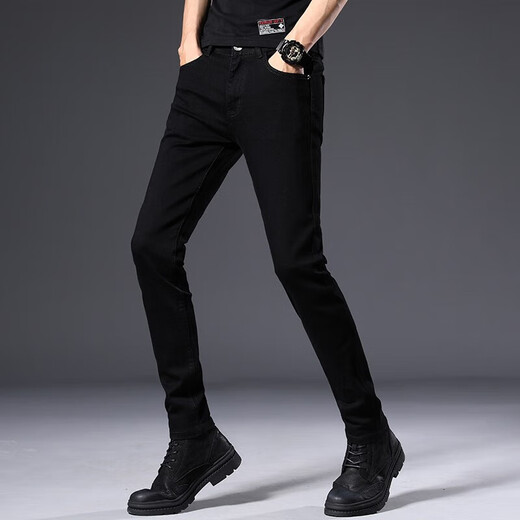 Jeans Jeans Jeans Slim Feet Slim Pants Spring and Autumn Nuevo estilo coreano de moda elástica versátiles largos versátiles 902 Black Size 30