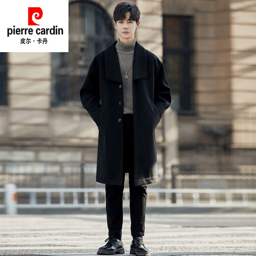 皮尔卡丹（pierre cardin）男士毛呢大衣秋冬高级感痞帅中长款过膝风衣潮牌廓形正肩呢子外套 黑色 M