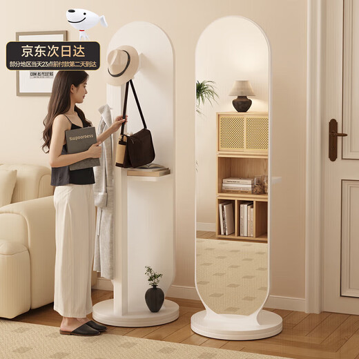 Small craftsman dressing mirror and coat rack integrated rotating full-body mirror multi-functional mobile floor mirror white 165*40