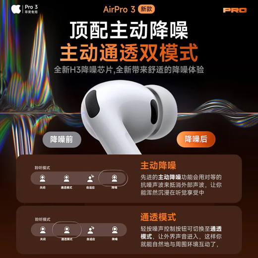 Huaqiangbei's new official release | Pro3 top version Bluetooth headset compatible with Apple wireless active noise reduction iPhone 17/16/15/14/13 in-ear AirPods Pro3 active noise reduction version full-featured pro3 smart island pop-up + spatial audio + heart rate monitoring