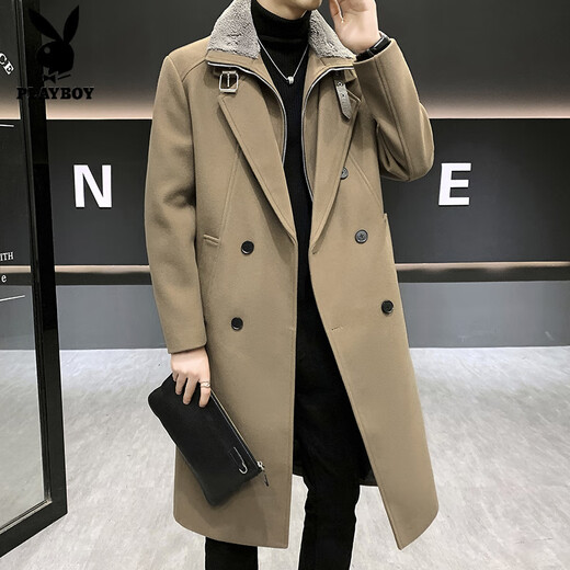 Playboy (PLAYBOY) Winter Thickened Woolen Coat Men's Mid-Length Design Fake Two-piece Warm and Cold-resistant Windbreaker Jacket with Fur Collar Khaki XL (120-140Jin Jin is equal to 0.5kg)