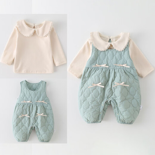 YEEHOO's new autumn and winter style baby girl's quilted overalls, stylish infant doll collar bottoming clothes, one-piece set, two-piece set, light blue overalls 73cm
