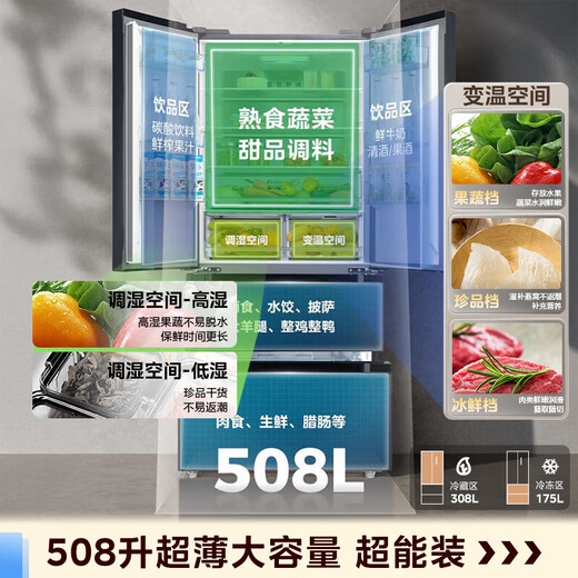 美的冰箱508法式多门双系统大容量一级能效双变频四开门家用电冰箱PST除菌净味风冷无霜冰箱 wifi智控 508双系统一级双变频 莫兰迪灰