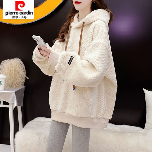 Pierre Cardin velvet thickened hooded sweatshirt for women new autumn and winter loose design trendy brand lamb wool jacket 9031-apricot plus velvet M 80-110Jin Jin equals 0.5 kg