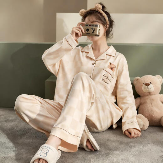 Bo Na Ling couple pajamas for one man and one woman, summer and autumn cardigan long-sleeved trousers, casual men and women can wear pajamas, home clothes set, couple pajamas bear style, men's XL