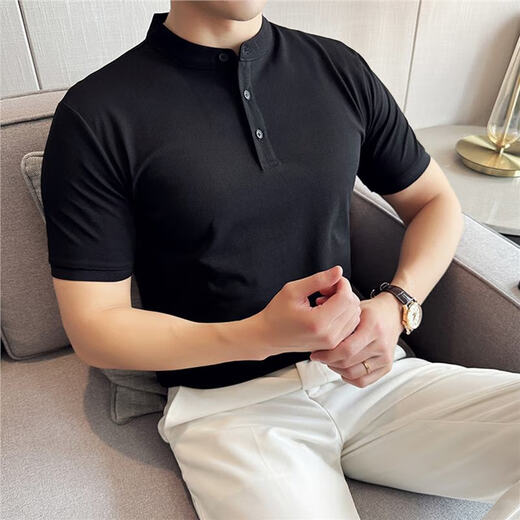 Qing Muqi New Chinese Henry Collar Short Sleeve POLO Shirt Men's 2025 New Summer High-Quality Stand Collar T-Shirt Mature and Stable Blue Stand Collar Polo Short Sleeve M Recommendation 90-105 Jin Jin is equal to 0.5 kg