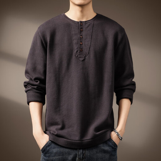 Lanlingfang American tough guy retro Henry collar sweater for men 2025 spring and autumn new high-end heavyweight casual bottoming sweater for men classic coffee S_suitable for 90-110Jin Jin is equal to 0.5 kg