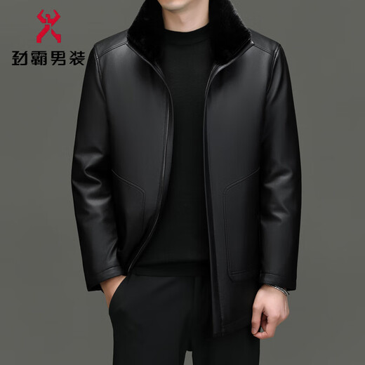 KINGBOX Genuine Leather Down Jacket Men's Medium Long Stand Collar Leather Jacket Mink Fur Collar Removable Liner Large Leather Jacket Flagship Official Black Black Fur Collar L 175 120-135Jin Jin is equal to 0.5 kg