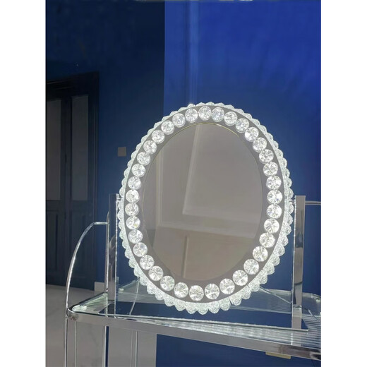 Oval Large Led Crystal Cosmetic Mirror Exquisite Lighting Cosmetic Mirror Desktop Popular Accessible Luxury Smart Filled Light Mirror Silver Medium Plug-in Model