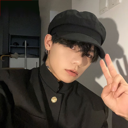 Haofanjie hat beret men's winter black octagonal hat British retro large head circumference men's style boys high-end black