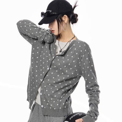 ICH MODE American retro slim polka-dot knitted cardigan for women 2026 new spring and autumn lazy sweater jacket black M