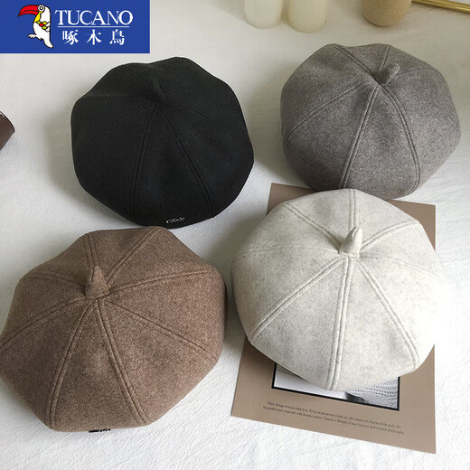 Woodpecker beret women's autumn and winter new octagonal painter hat casual versatile newsboy hat retro British hat fashion woolen style off-white one size (56-58cm)