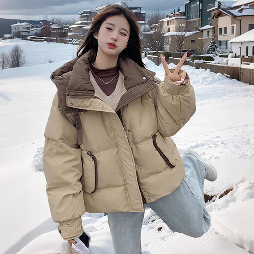 Miao Yijia Cotton Clothes Women's 2025 New Winter Jackets Cotton Clothes Cotton Jackets Short Style Western Style Student Small People High-end Fashion Khaki Contrast Color Zipper Pocket Cotton Clothes One Size Recommended 120Jin Jin is equal to 0.5kg within