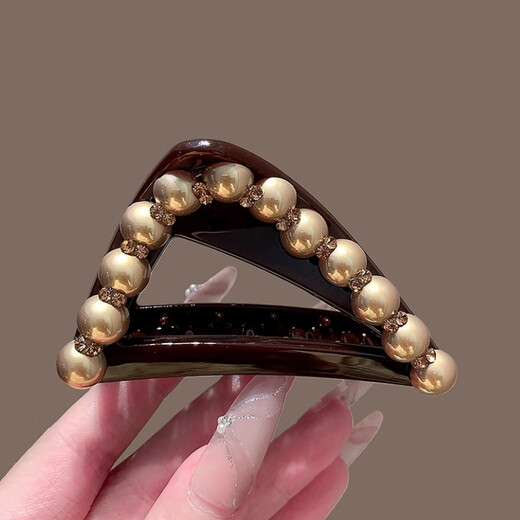 Wanyao high-end imitation pearl triangle clip 2025 new hairpin back head hair shark clip high ponytail fixed clip champagne color pearl triangle clip 8cm