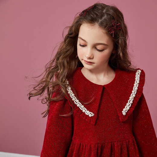 ASK JUNIOR New Year's wear, girls' skirts, winter clothes, children's lapels, velvet glitter princess skirts, performance clothes, red 140