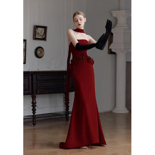 Xiaohongshu Toast Wear Bridal 2025 New Style Tube Top Burgundy Wedding Return Engagement Banquet Burgundy M