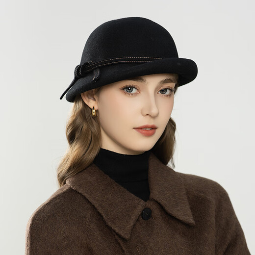 Lanshimengdai 2025 new simple wool basin hat for women elegant retro knotted rope decoration casual versatile hat autumn and winter warm black 56-58cm