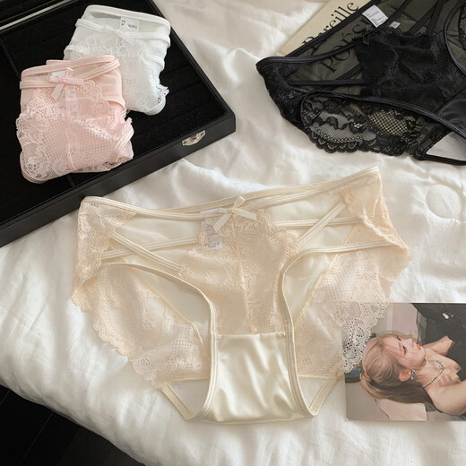Universal Heartbeat Encounter French Sexy Lace Hollow Girls Underwear Breathable Low Waist Briefs White + Skin Color + Pink L (100-120Jin Jin equals 0.5kg)