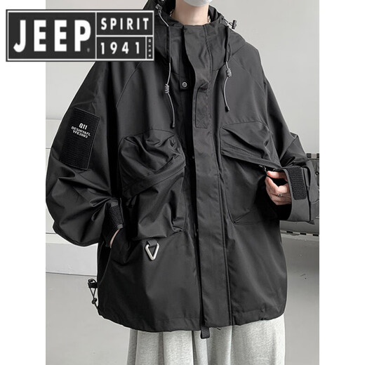 JEEP SPIRIT American Plus Size Extra Size Jacket Men's Large Size 300 Jin Jin equals 0.5 kg Hooded Jacket Spring and Autumn Workwear Functional Jacket Black Velvet M 80 to 100 Jin Jin equals 0.5 kg Can be worn