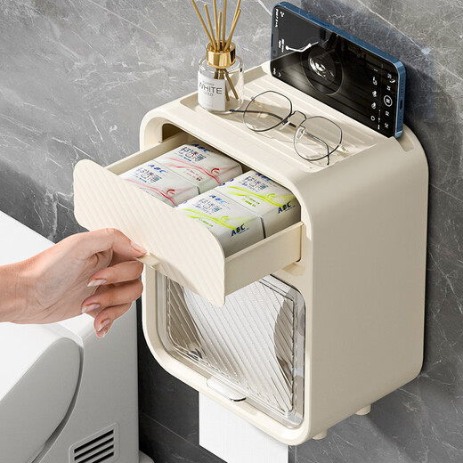 Shantou Lincun paper drawer double-layer tissue box paper drawer bathroom toilet paper storage box punch-free waterproof toilet wall-mounted roll paper dark green (waterproof and dustproof with paper shaft)