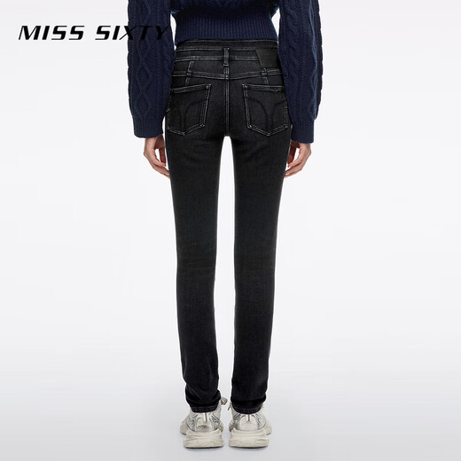 MISS SIXTY2025 Winter New Composite Velvet Jeans Women's Double Button Waist Slimming Small Foot Pencil Pants Black Gray 27