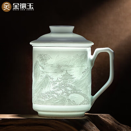 Gold inlaid jade teacher Huang Shouliang handmade Jingdezhen ceramic tea cup shadow green carved office tea cup Penglai Wonderland