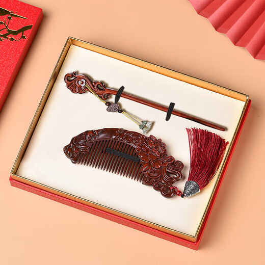 Ancient small-leaf red sandalwood hairpin comb for women, sandalwood comb gift box, hairpin for wife, girl birthday gift, practical for women, good luck, hairpin comb + gift box, gift bag