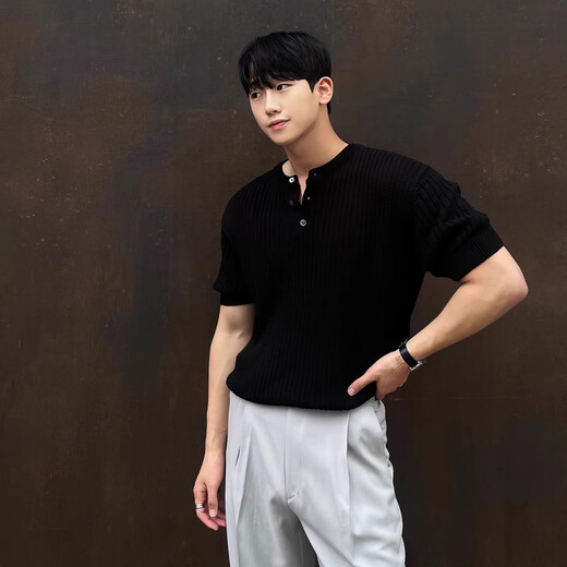 Summer Henry collar knitted short-sleeved T-shirt men's Korean style loose casual design top niche half-sleeved T-shirt black one size X2XL