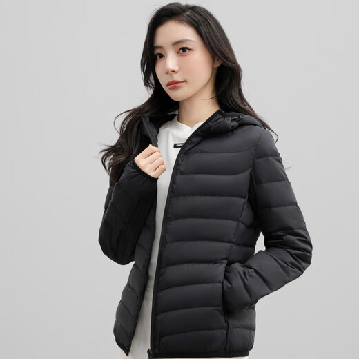 HY&CO Light Warm Down Jacket Women's Winter Short Commuting Fashion Solid Color Slim Versatile Hooded Jacket Black XL