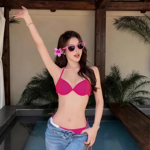 Bombshell Bikini Swimsuit Female Sexy Hot Girl Pink Big Breasts Push Up Three Points Beach Vacation Ins Style Hot Spring Bikini Two Piece Set Rose Red One Size 70-120Jin Jin is equal to 0.5 kg