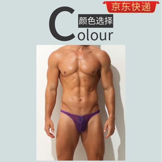Ayi underwear men's thong sexy and hot ultra-thin ice silk transparent fully see-through seamless sports low-waist pure desire sexy T-pants purple L