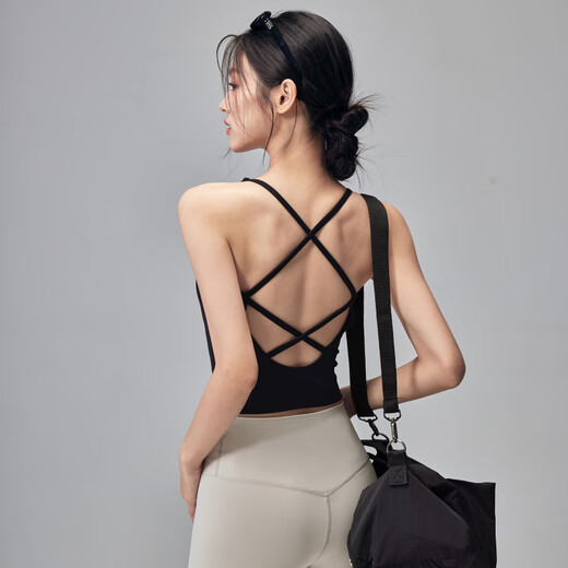Fitness girl sexy beautiful back yoga shoulder strap chest pad shockproof sports bra outer wear suspender Pilates top dark gray_vest S
