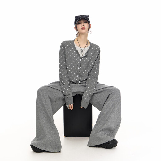 ICH MODE American retro slim polka-dot knitted cardigan for women 2026 new spring and autumn lazy sweater jacket black M