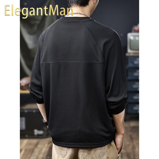 ElegantMan American classic textured striped sweatshirt for men 2025 autumn new loose Henry collar long-sleeved bottoming shirt black M _Suitable_-125Jin Jin is equal to 0.5 kg