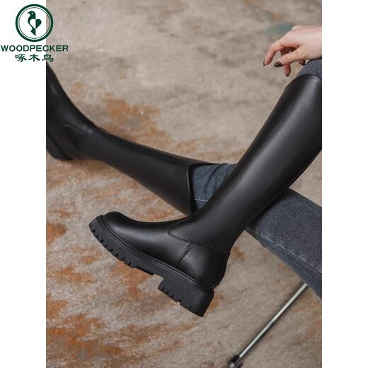 Woodpecker Brand Broken Genuine Leather Inner Heightened No-Knee Boots for Women 2025 Autumn and Winter Thick Heels Fashion Back Zipper Rider Boots Black (Single Liner) 37
