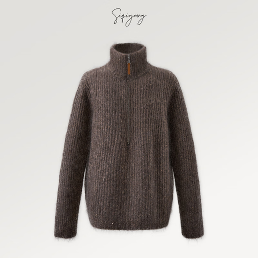 SIQIYOUNG Lazy Weekend-Mohair Blended Gold Chimney Stand Collar Top Simple Retro Zipper Sweater Khaki One Size F