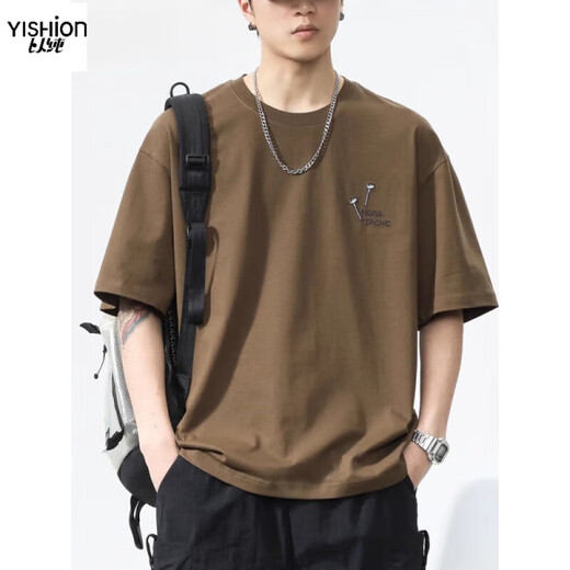 YISHION heavyweight pure cotton short-sleeved T-shirt men's summer loose casual top American fashion brand embroidered round neck 6211 coffee regular M suitable for 110-130Jin Jin equals 0.5 kg