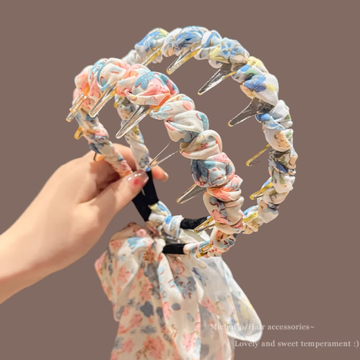 Fan Shengyu ribbon headband for women with high cranial tooth comb, pastoral style braided hair tie, headband for going out, versatile high-end hairpin, floral ribbon headband, purple and yellow set