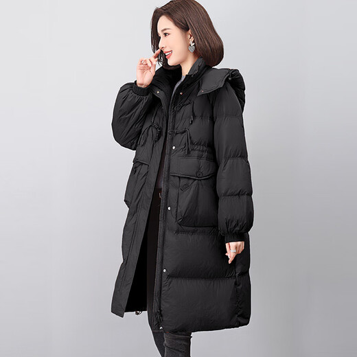 LISM shopping mall same style high-end down jacket white duck down jacket women's mid-length thickened Korean version loose loose black khaki color 2XL XXL suitable for weight 141b