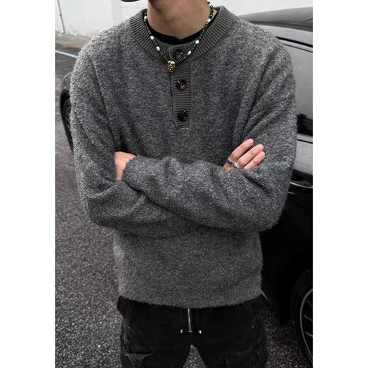 Jiaojing old money Henry collar sweater American cleanfit gray Henry collar sweater men's autumn and winter style lazy old money dark gray M