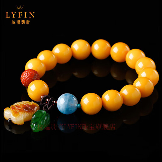 Layun Feiyin collectible chicken fat yellow beeswax bracelet for women full honey amber bracelet original design with jasper leaves for gift collection 10mm beeswax (with certificate)