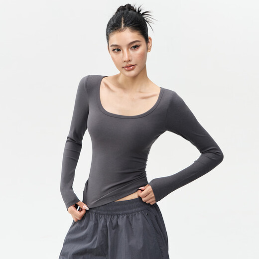 Dcw sports top women's tight slimming U-neck fitness bottoming shirt Pilates yoga long-sleeved running training T-shirt charcoal gray L